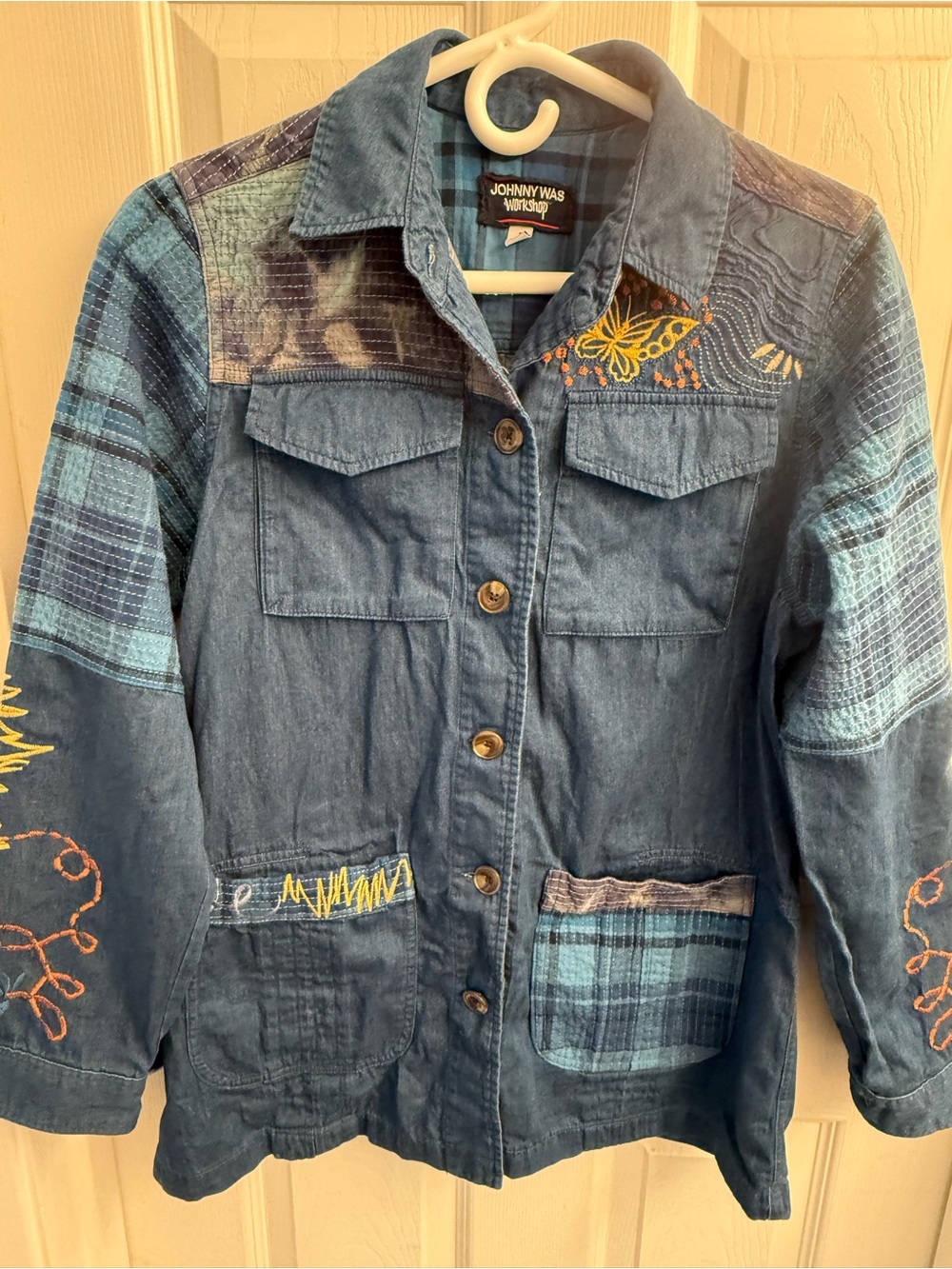Johnny Was Blue Patchwork Embroidered Jean Jacket